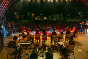 A live performance at night on the Gig rig for Fleadh